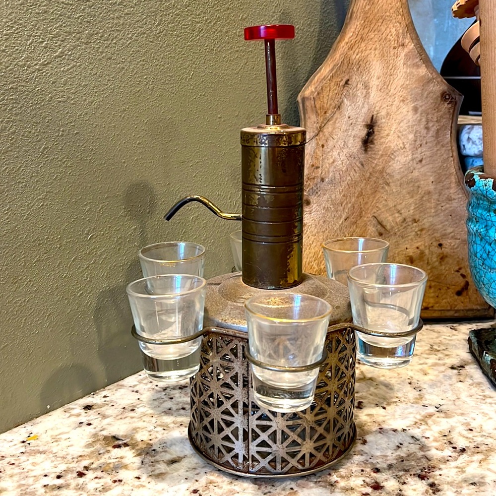 Vintage MCM shot glass holder and decanter